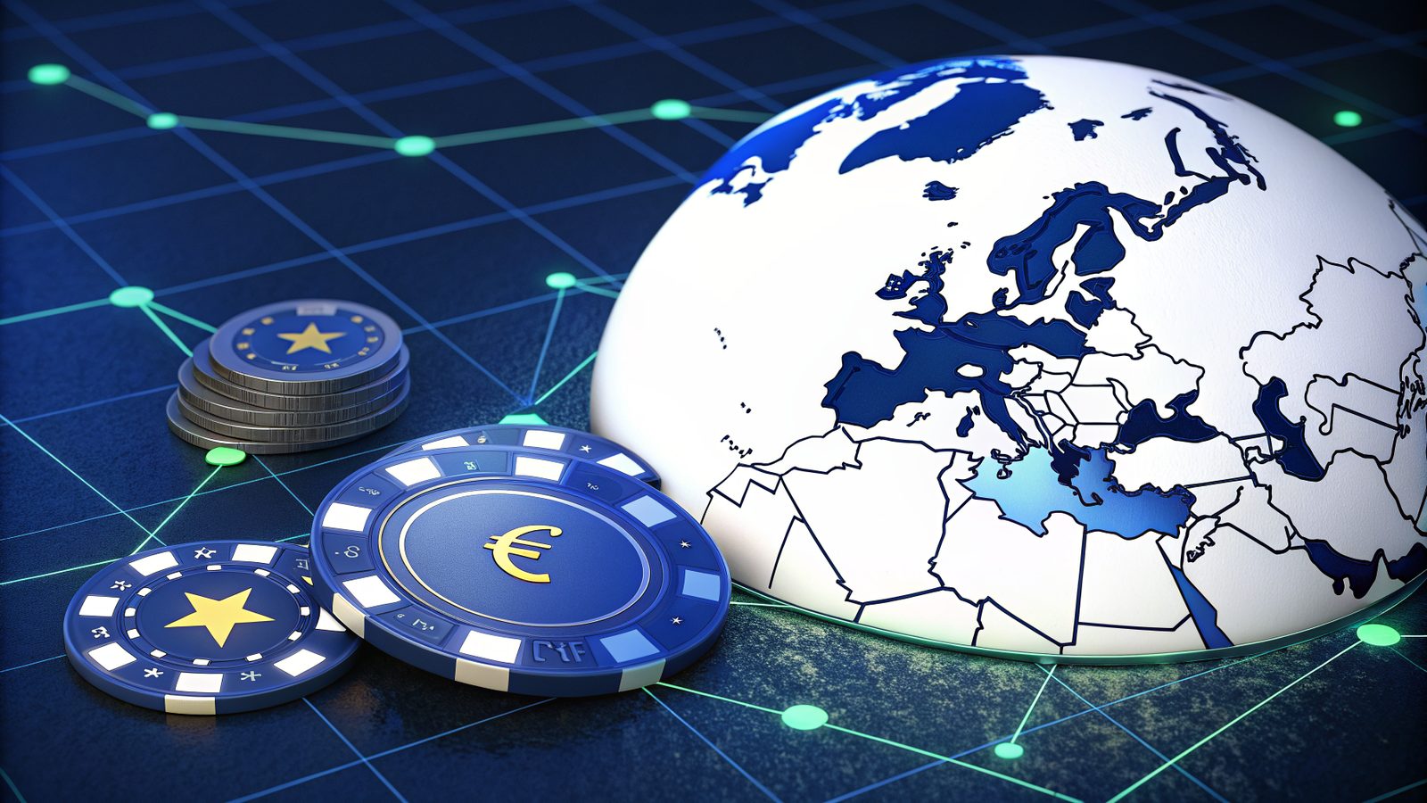 A map of Europe with casino chips placed on the open markets