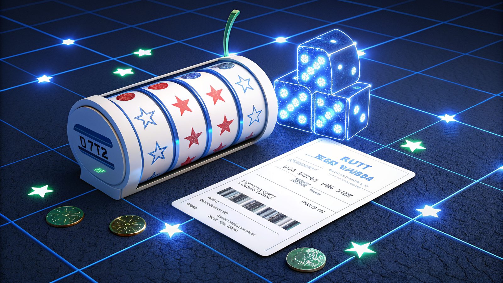 Slot reels with free spin coins and a promo code ticket on a navy grid
