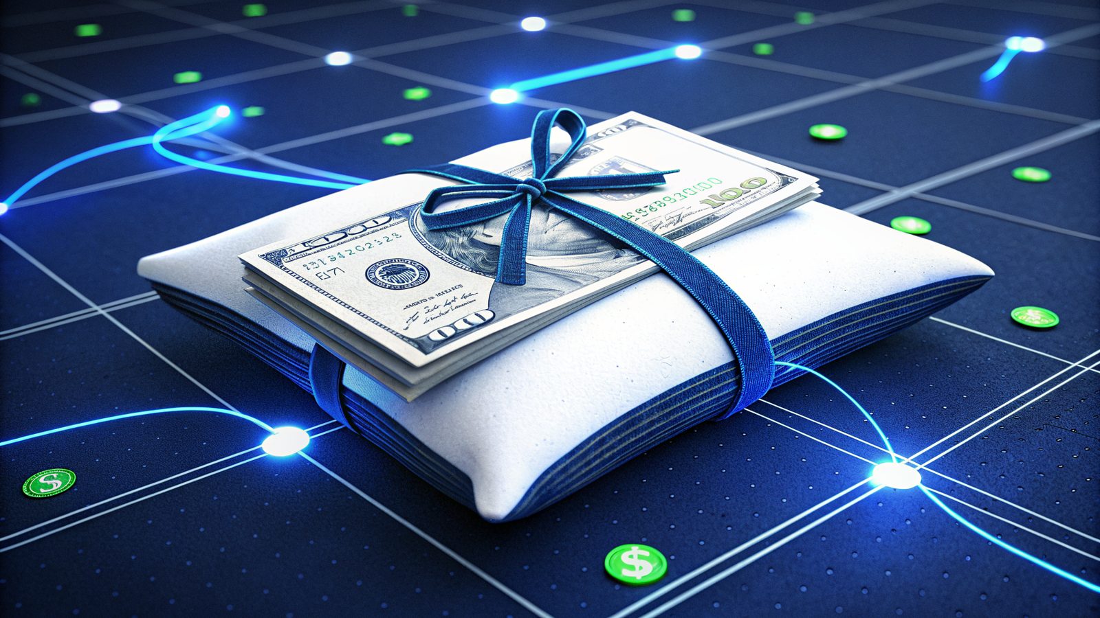 Banknotes and coins beside a promo code ticket on a navy grid