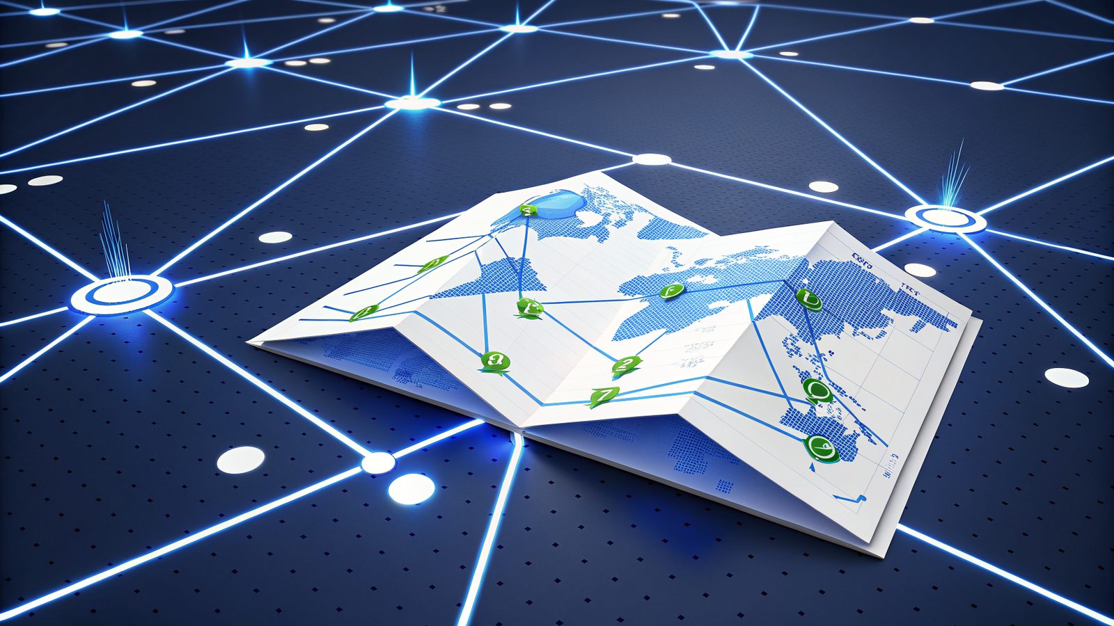 A map of the site sections drawn as connected cards on a navy grid