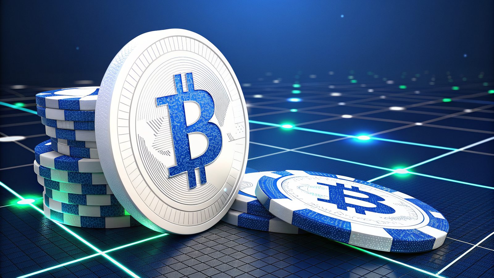A Bitcoin coin over a casino chip on a navy grid