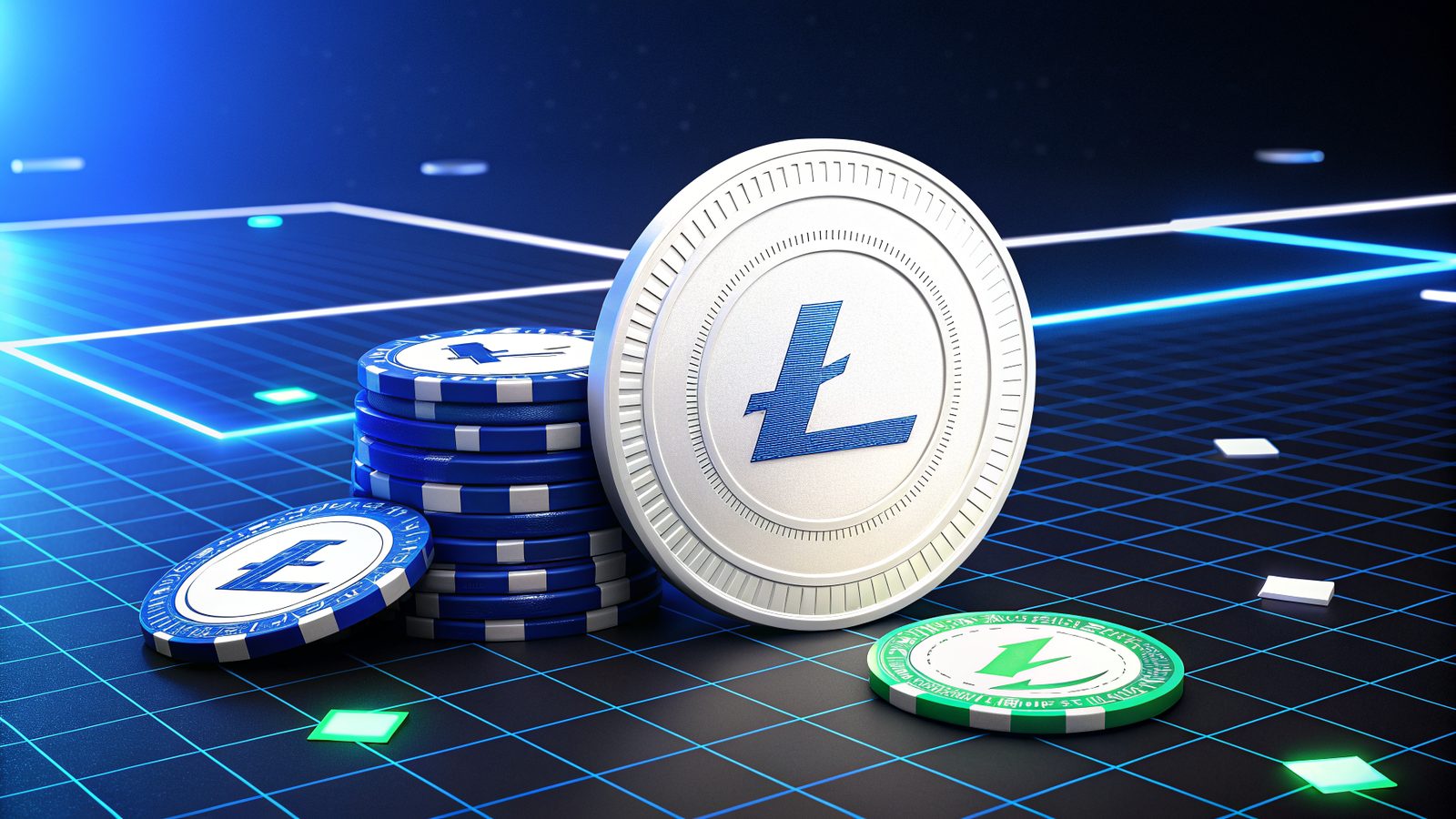 A Litecoin coin over a casino chip on a navy grid