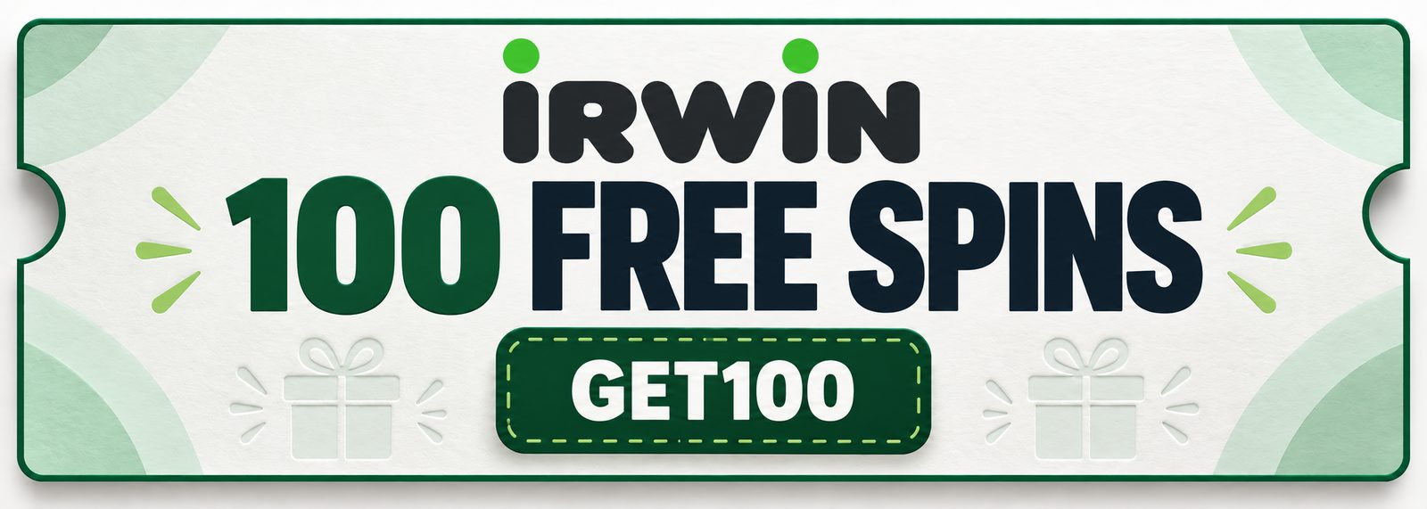 Irwin coupon with 100 free spins and promo code GET100.