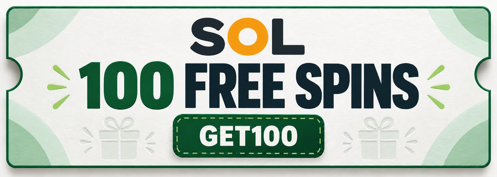 Sol coupon with 100 free spins and promo code GET100.