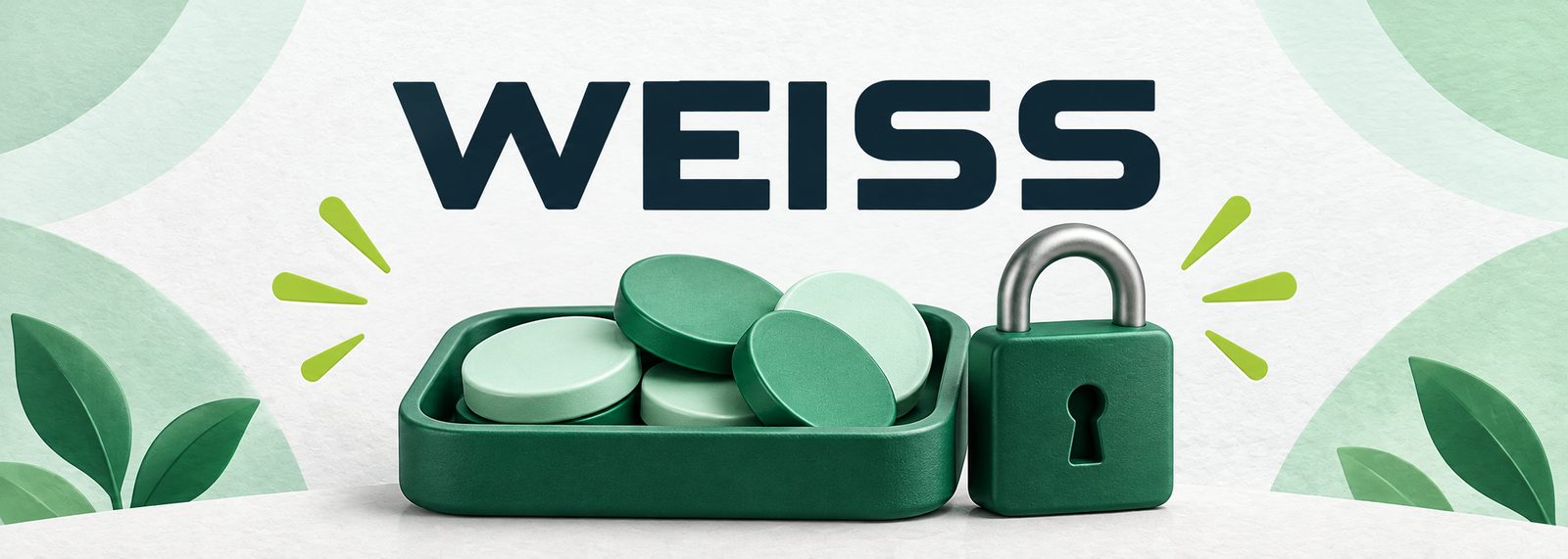 Weiss name above unmarked green token discs in a tray beside a closed padlock.