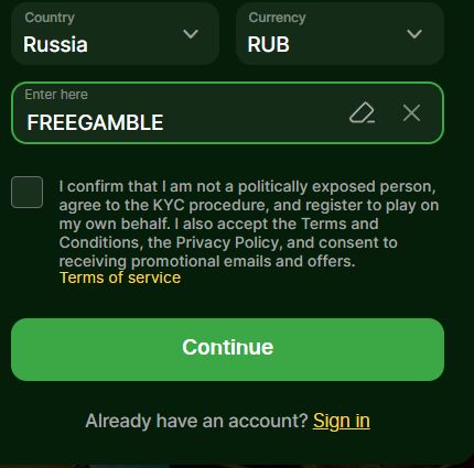 Riobet registration promo-code field showing FREEGAMBLE