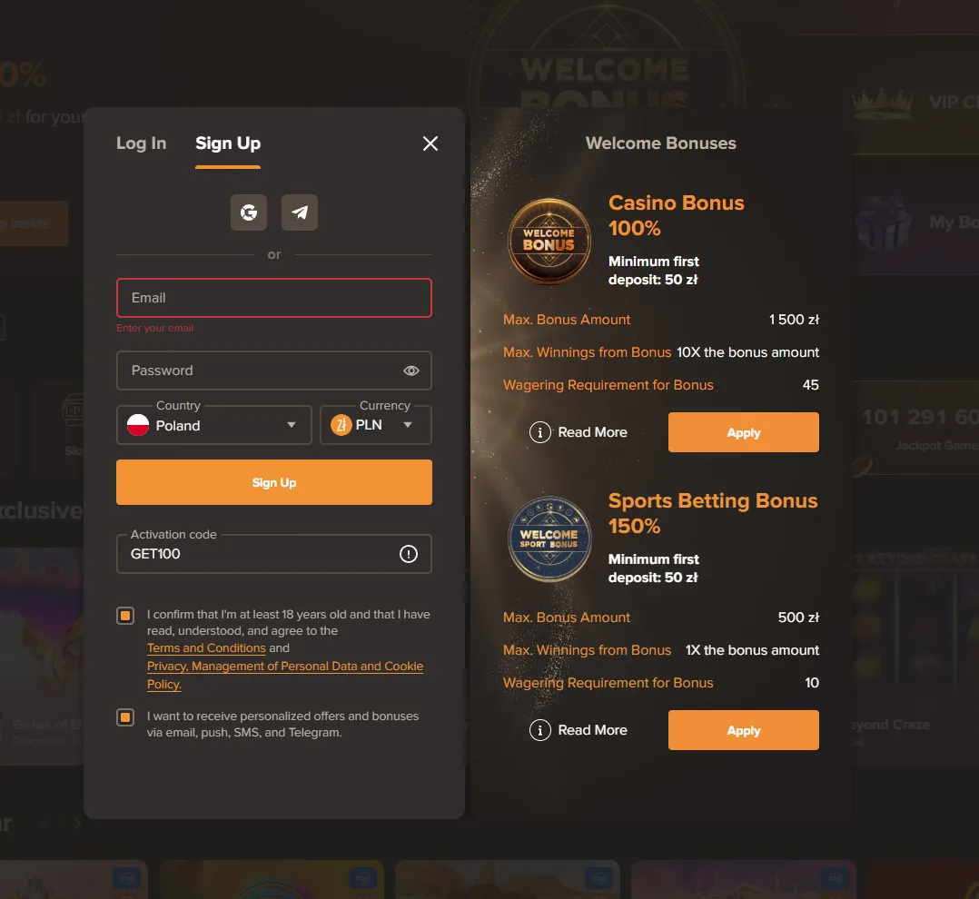 Sol archived registration screen with GET100 in the promo-code field