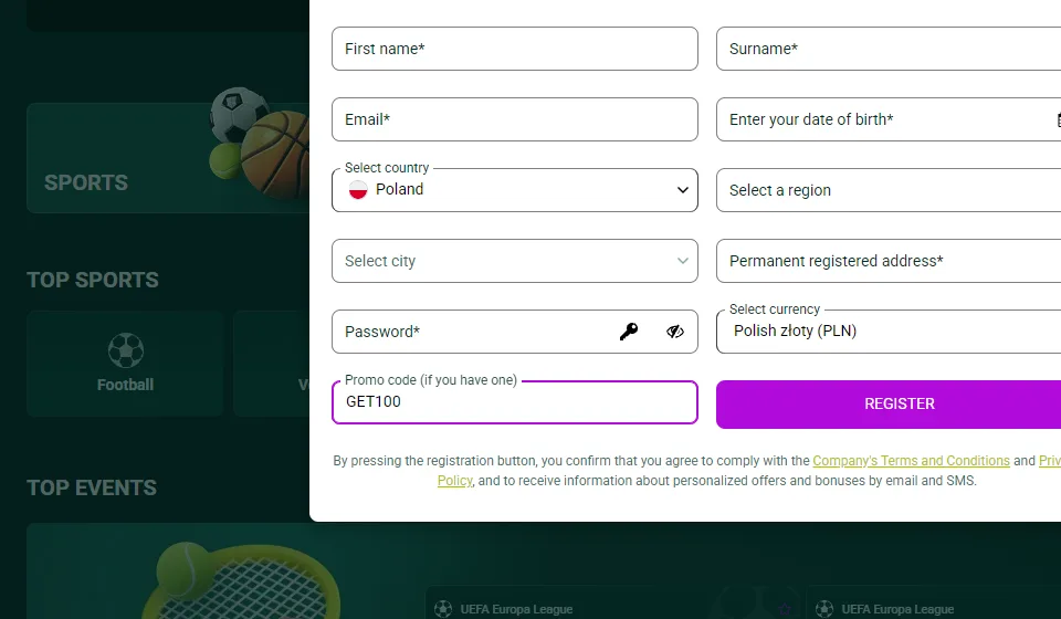 Spinbetter archived registration screen with GET100 in the promo-code field