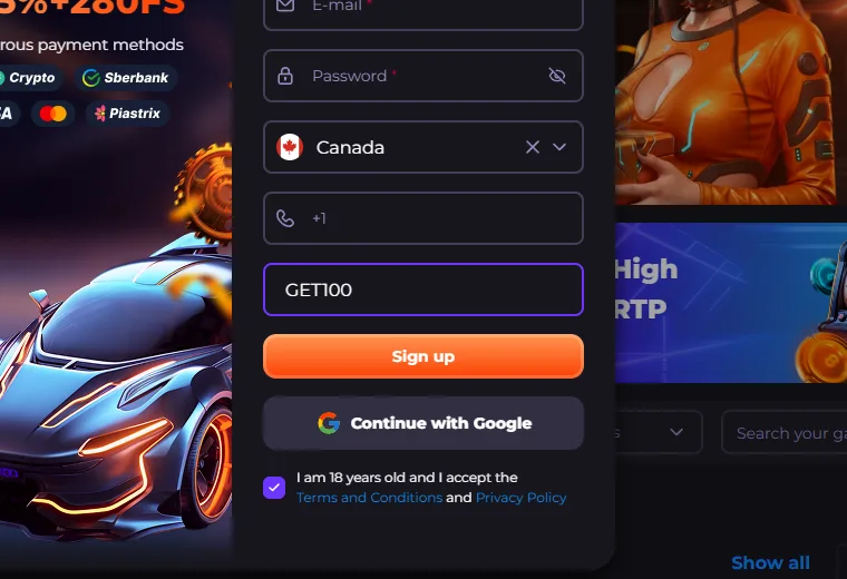 Unlim archived registration screen with GET100 in the promo-code field