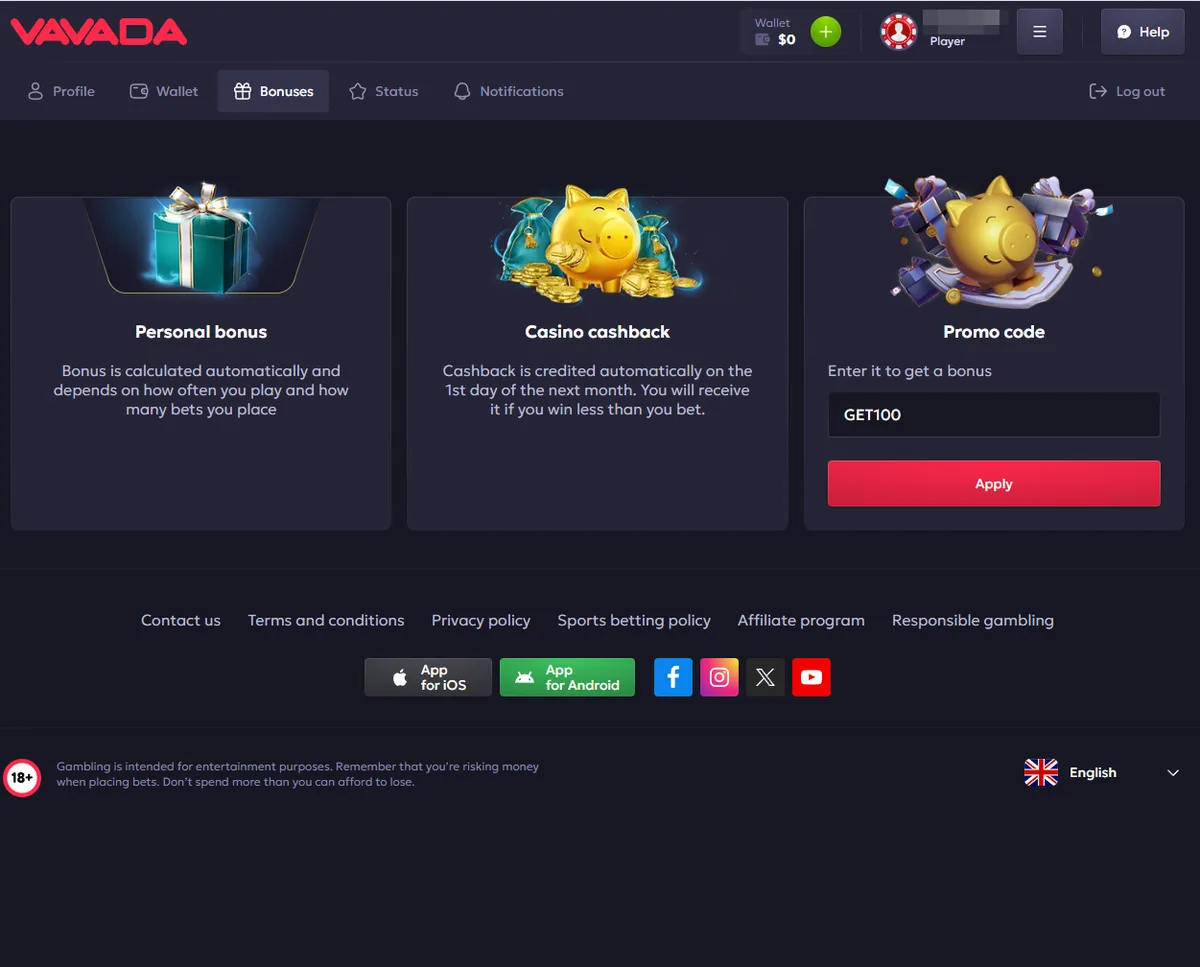 Archived Vavada Bonuses page with GET100 entered in the Promo code field