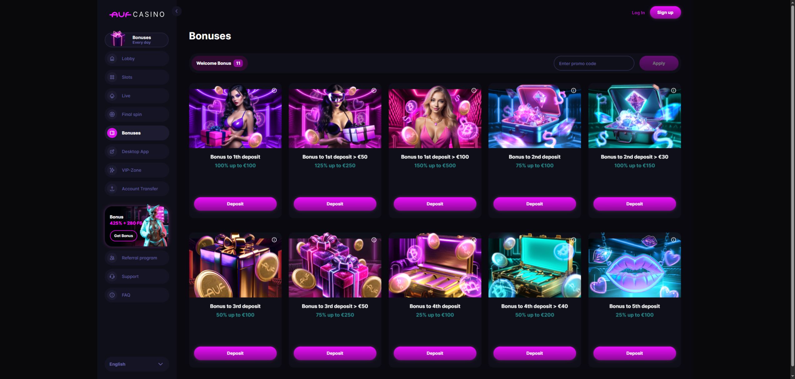 Auf: bonuses page · English interface, 19 October 2026