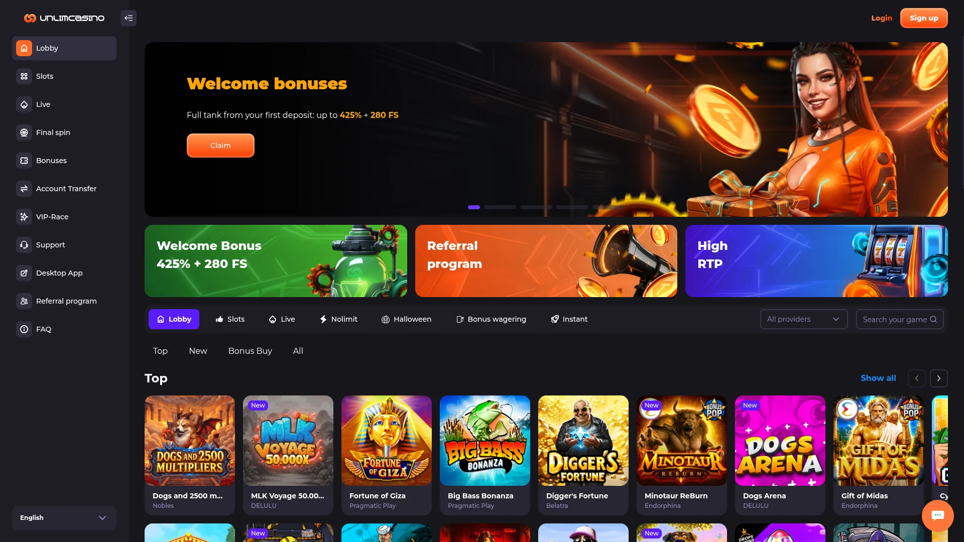 Unlim: desktop casino homepage and games lobby