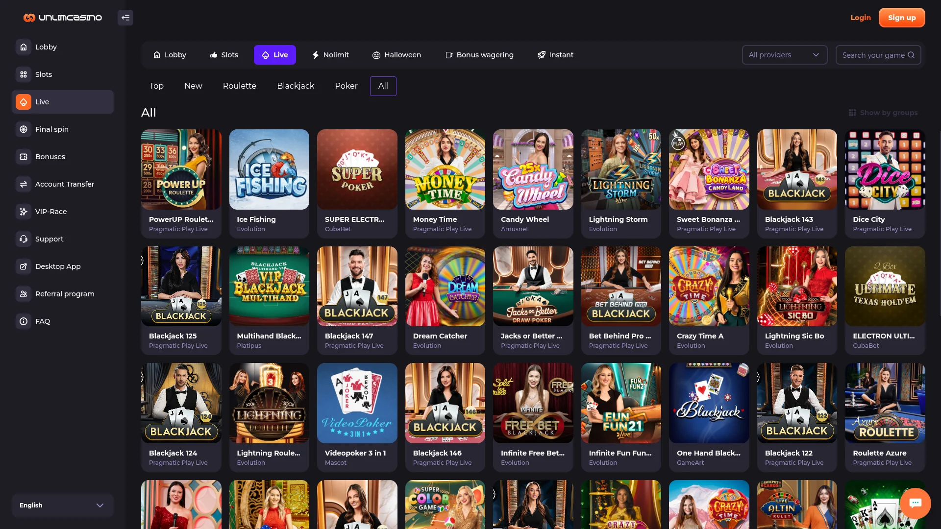 Unlim: live casino lobby