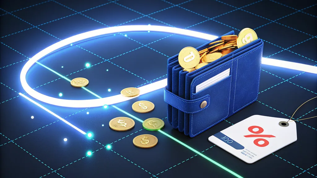 Wallet, coins and percentage card illustrating cashback