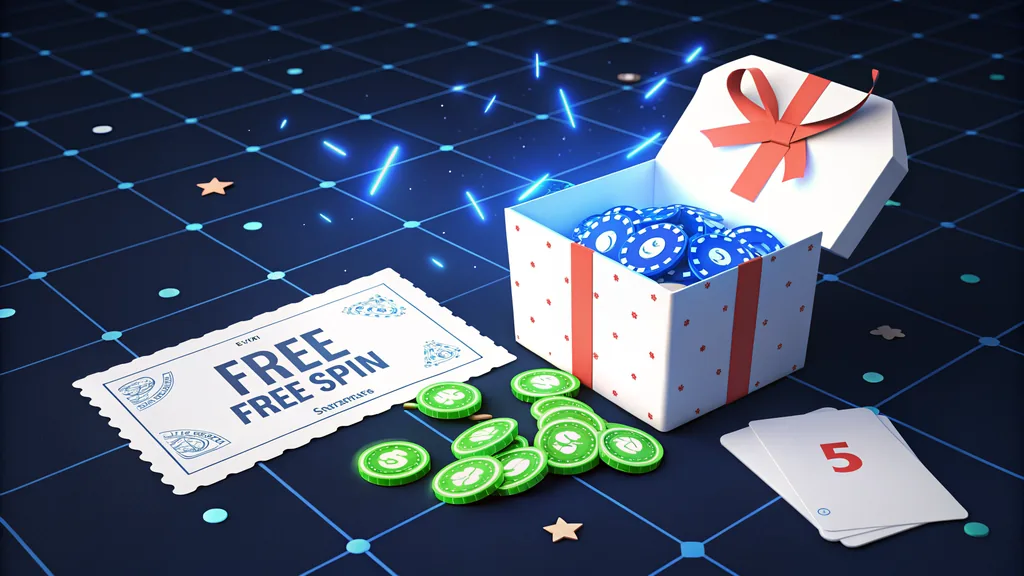 Gift box, free-spin ticket and chips illustrating casino bonuses