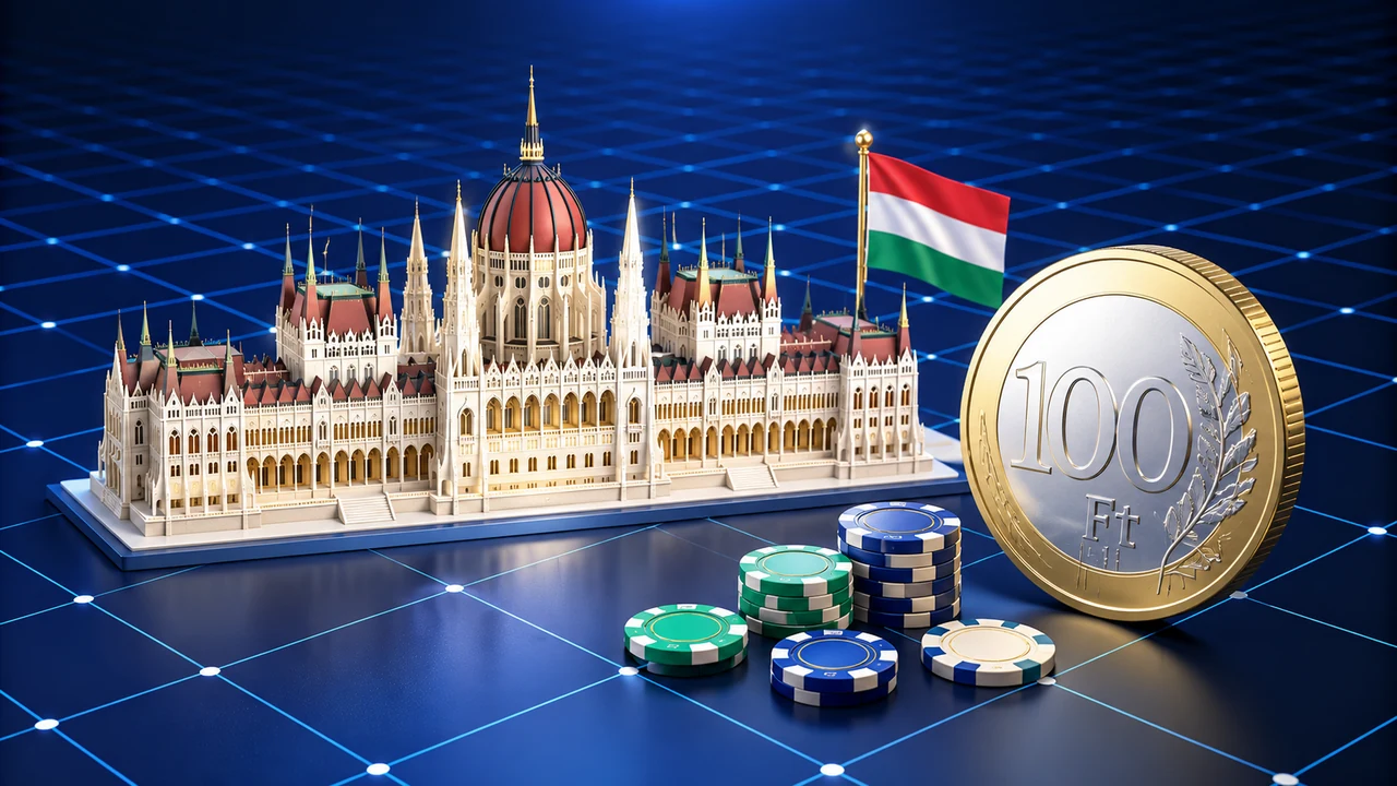 Illustration of the Hungarian Parliament, Hungarian flag, forint coin and casino chips