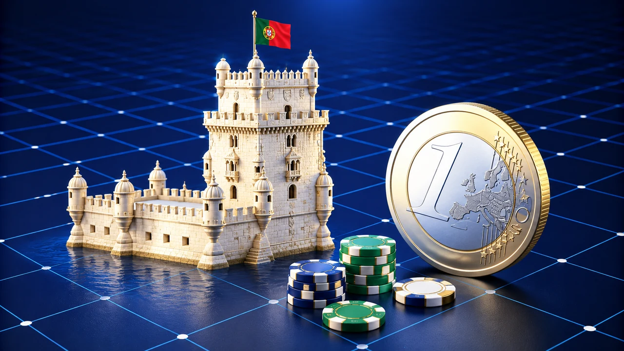 Illustration of Belem Tower, Portuguese flag, euro coin and casino chips