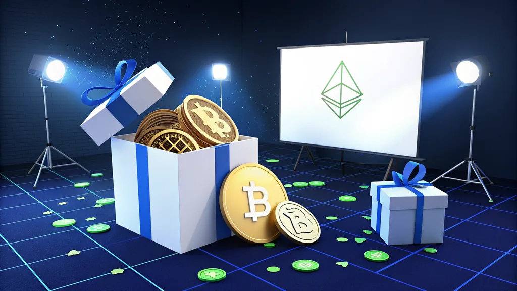 Cryptocurrency gift boxes, coins and percentage symbols