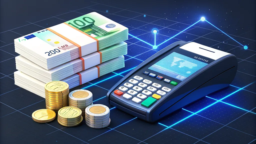 Banknotes, coins and payment terminal illustrating casino banking