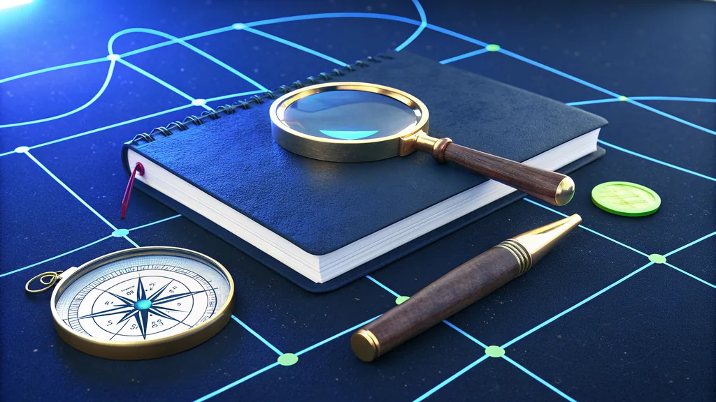 Notebook, compass and magnifying glass illustrating casino guides