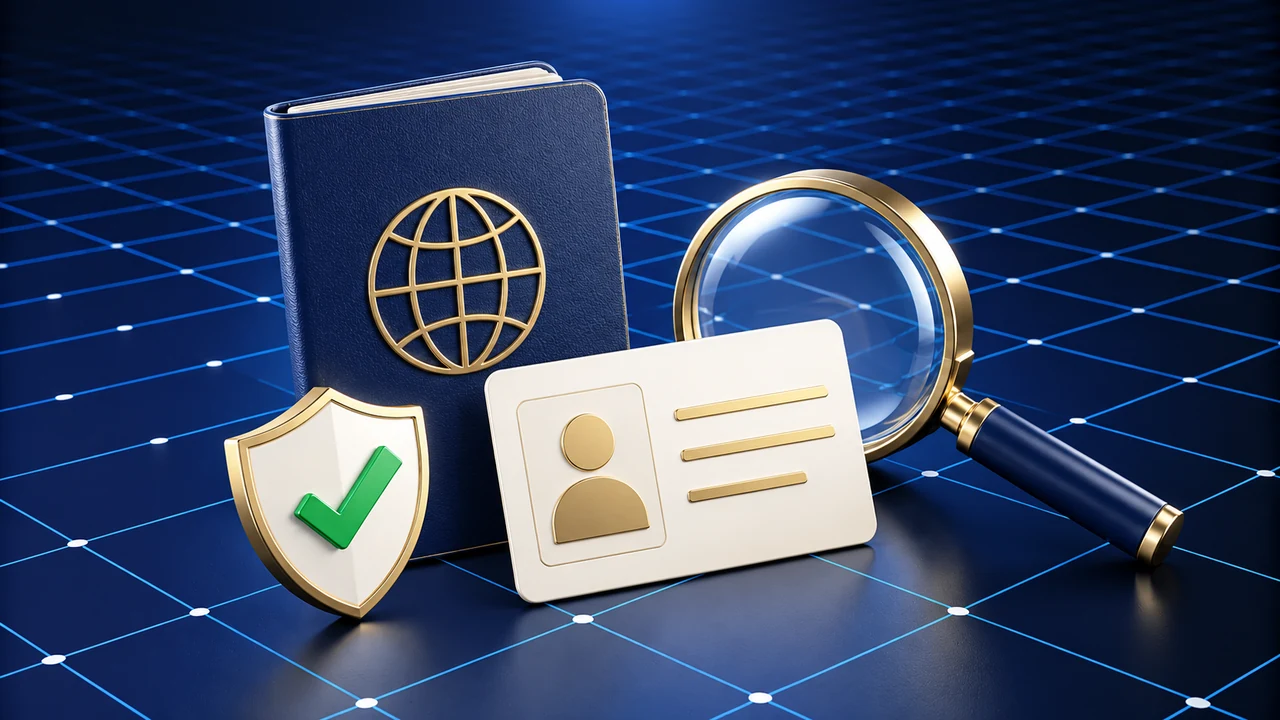 Passport booklet, identity-card symbol, magnifying glass and a verification shield