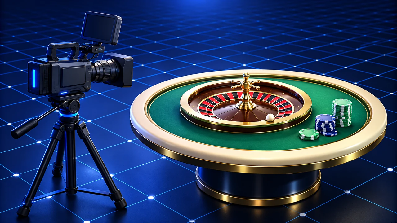 Broadcast camera and a conceptual roulette table illustrating live casino play