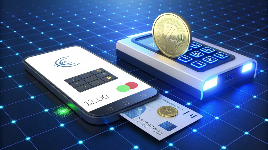 Payment terminal, bank card and coins illustrating a deposit