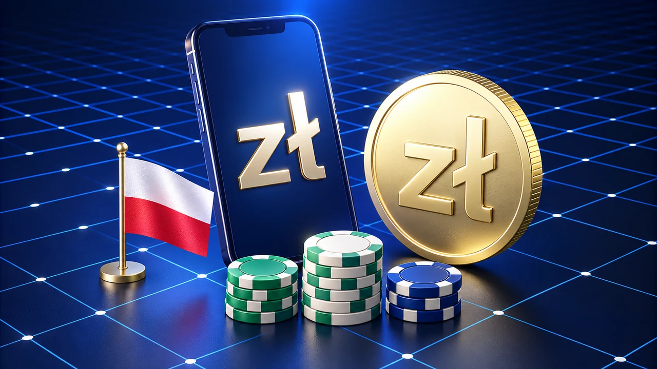 Polish zloty symbol on a phone and coin, Polish flag and casino chips