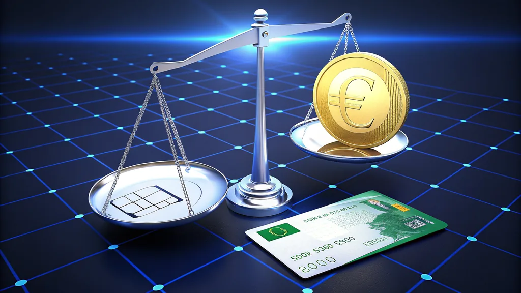 Payment card and euro coin on balance scales illustrating account-currency comparison