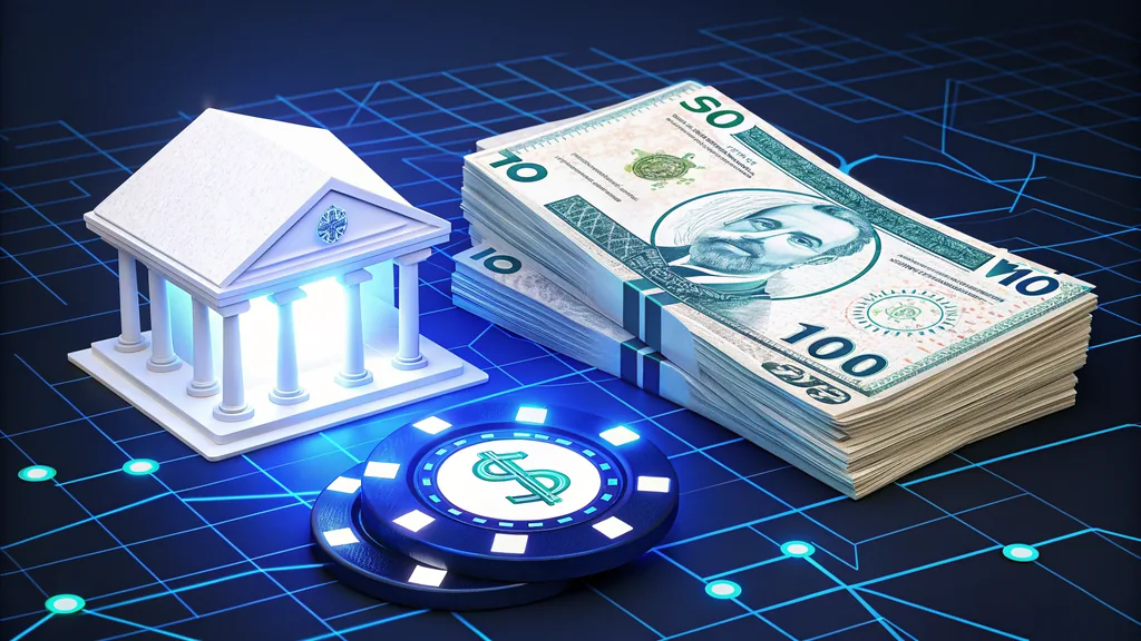 Illustrated bank building, banknotes and a casino chip representing a bank withdrawal