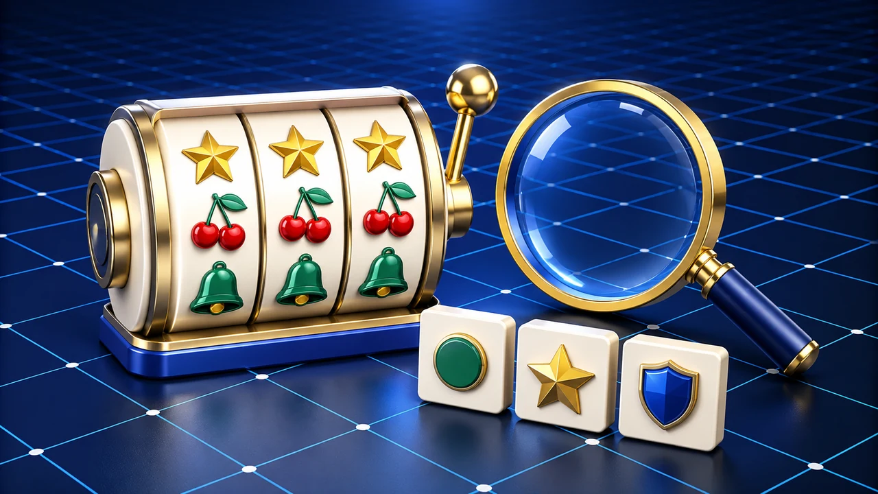 Slot reels, magnifying glass and feature symbols illustrating how to choose a game