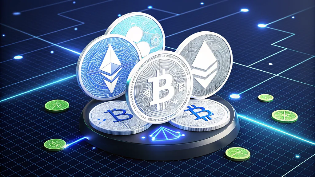Several cryptocurrency coins on a digital grid