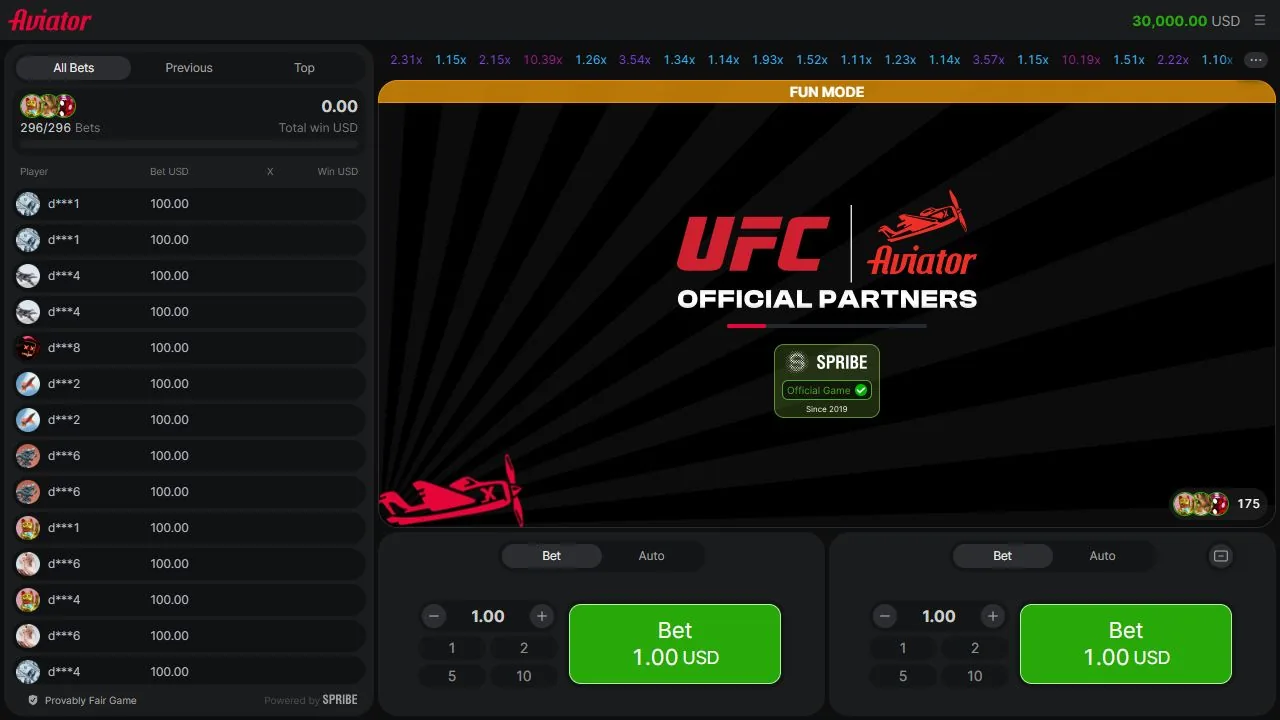 Aviator practice game in fun mode with the two bet panels