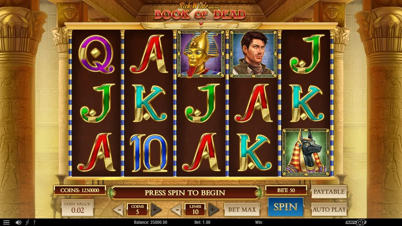 Book of Dead game board in the official browser demo