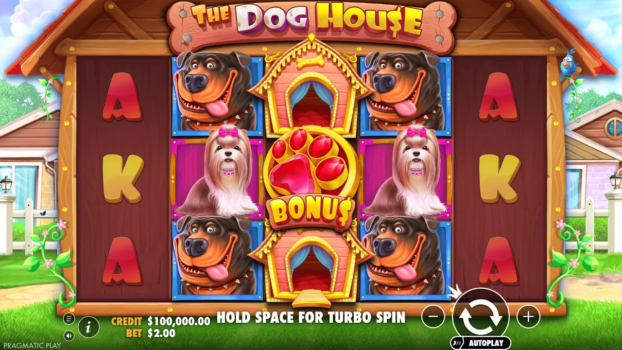 Original The Dog House demo showing its five-reel, three-row board and information control