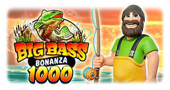 Big Bass Bonanza 1000 title with fisherman, fishing rod and fish by sunset water