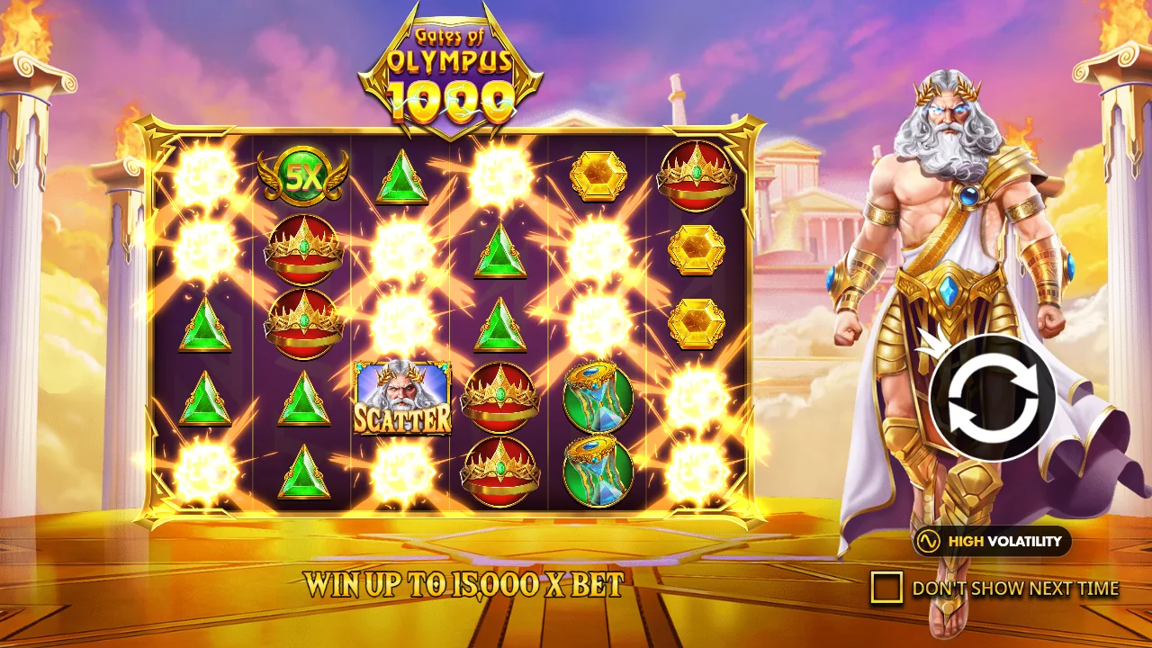 Gates of Olympus 1000 intro with Zeus, gems, a 5x orb and the 15,000x limit