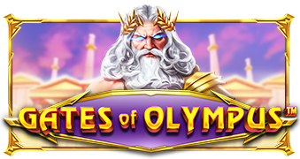 Gates of Olympus title with Zeus inside a gold frame