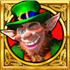 Smiling leprechaun wearing a green hat inside a gold frame.