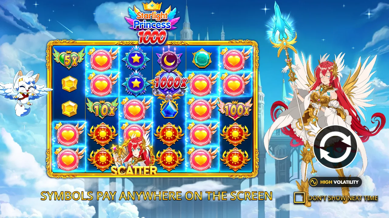 Starlight Princess 1000 introduction with gem symbols, multiplier hearts and the winged princess
