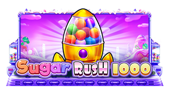 Sugar Rush 1000 logo with a gumball machine on a purple candy background