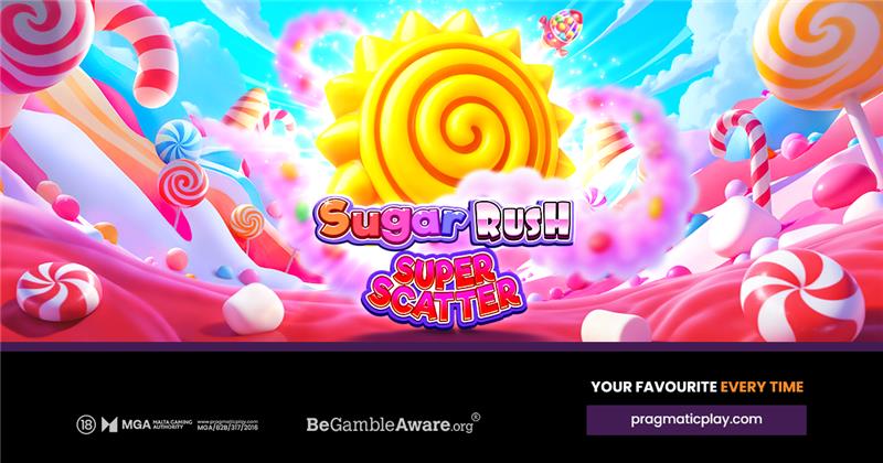 Sugar Rush Super Scatter logo under a gold spiral sun in a pink candy landscape.