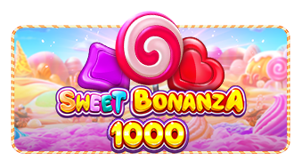 Sweet Bonanza 1000 title with a pink lollipop and purple and red heart candies