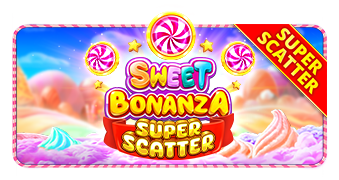 Sweet Bonanza Super Scatter lettering with candy, stars and a Super Scatter corner ribbon