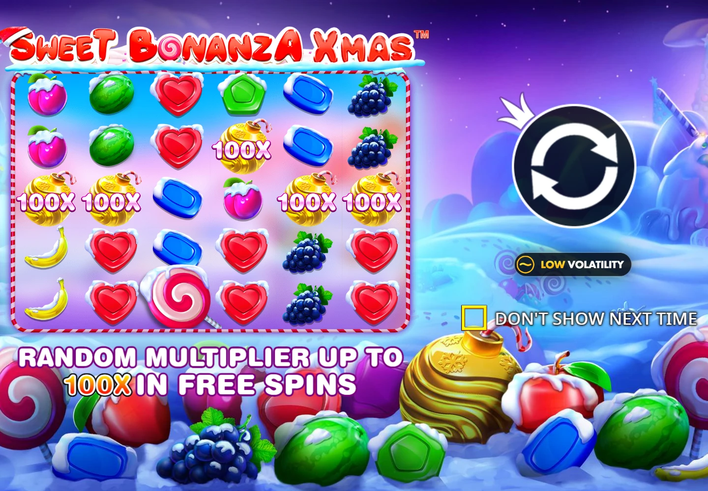 Sweet Bonanza Xmas introductory illustration with frozen sweets and golden baubles