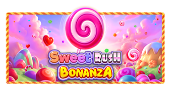 Sweet Rush Bonanza title beneath a pink spiral lollipop in a candy landscape