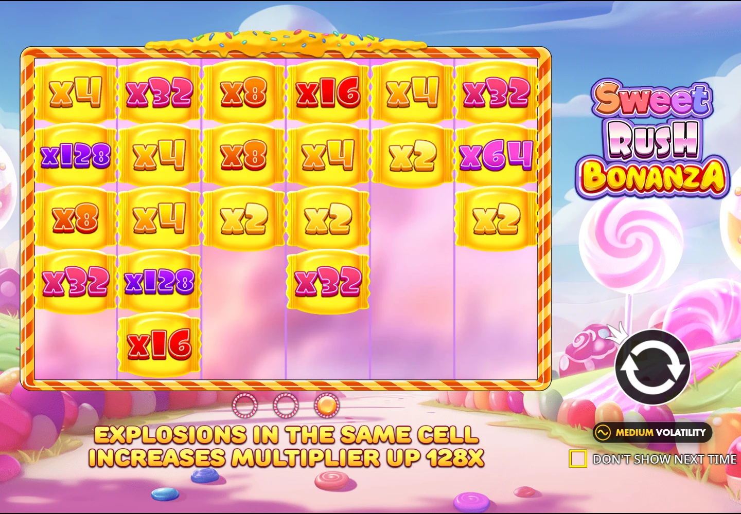 Sweet Rush Bonanza introduction showing a six-by-five grid of multiplier positions