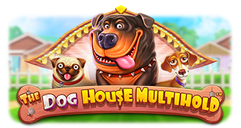 The Dog House Multihold title with Rottweiler, pug and dachshund in a garden
