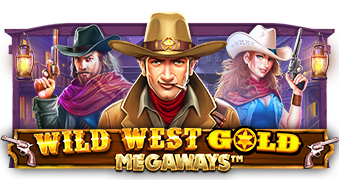 Cowboy, outlaw and cowgirl above the Wild West Gold Megaways title