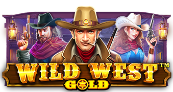 Cowboy, outlaw and cowgirl above the gold Wild West Gold title